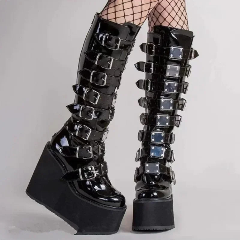 Punk Women Boots Cosplay Ladies High Heel Platform Wedges Gothic Buckle Strap Long Tube Leather Female 241223