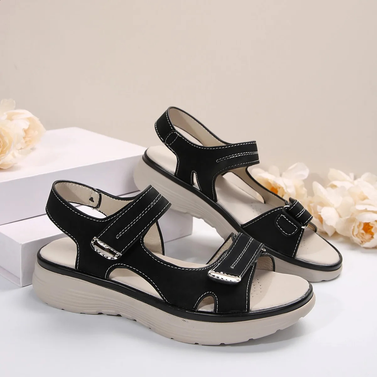 Womens Solid Color Casual Sandals Platform Ankle Buckle Soft Sole Walking Wedge Shoes Slingback Summer Shoes 241228