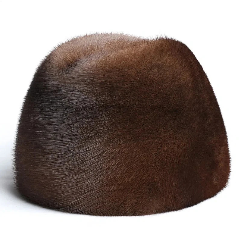 Winter Thickened Genuine Mink Fur Bomber Hat For Man BlackBrown Tag Elderly Ear Warm Chapeau Motorcycle Russian Style Mink Caps 241227