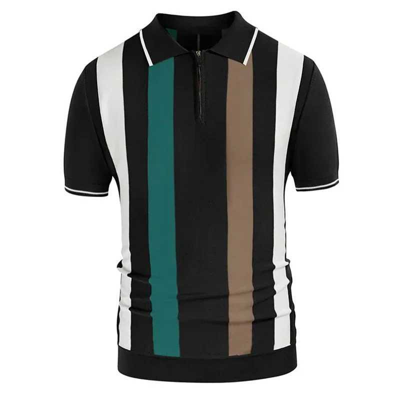 Summer zipper neck polar mens luxury knitted short sleeved shirt shirt casual street clothing striped patch work top fashionable knitted top X241228