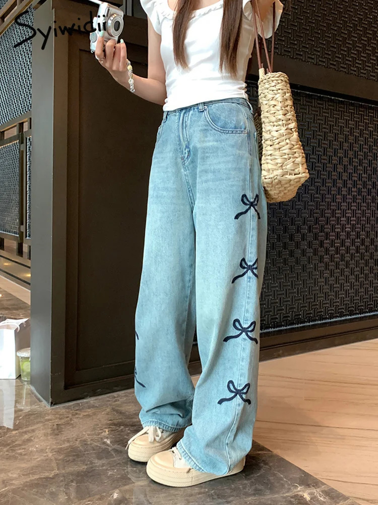 Syiwidii Bow Embroidery Baggy Blue Jeans for Women Korean Fashion High Waisted Y2k Wide Leg Streetwear Slouchy 241228