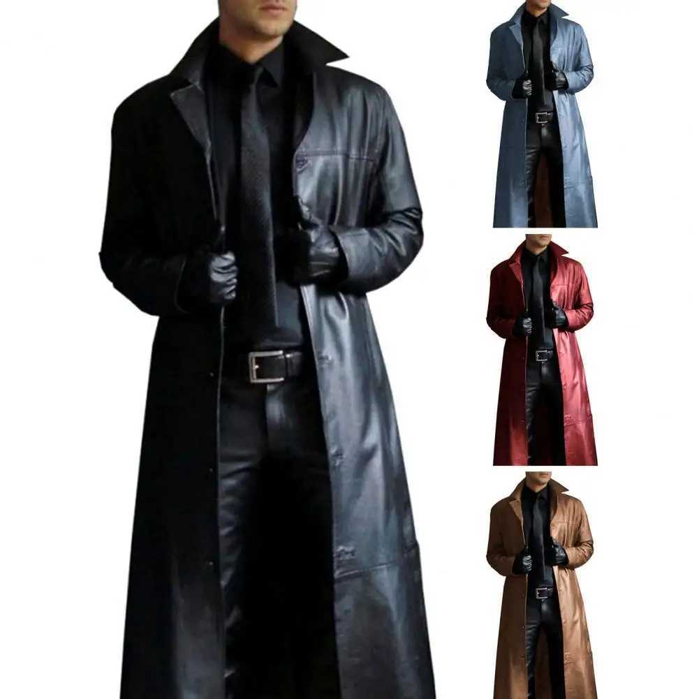 Mens Faux Leather Jacket Stylish Mens Faux Leather Trench Coat with Turn-down Collar Windproof Design Slim Fit for Men W241228