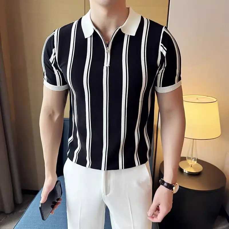 Korean fashion mens shirt shirt summer trend intelligent casual lapel striped contrasting color half zipper short sleeved ultra-thin knitted top X2412