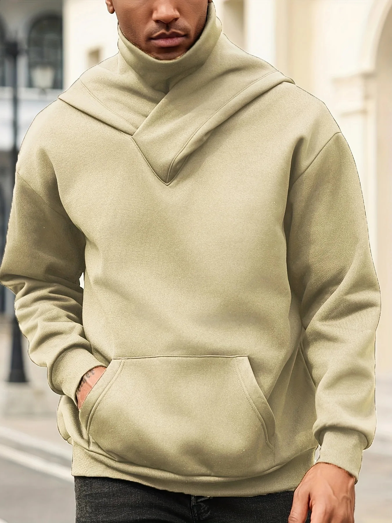 Mens solid color hooded turtleneck long-sleeved sweater unique with kangaroo pocket spring and fall fashion mens hoodie 241227