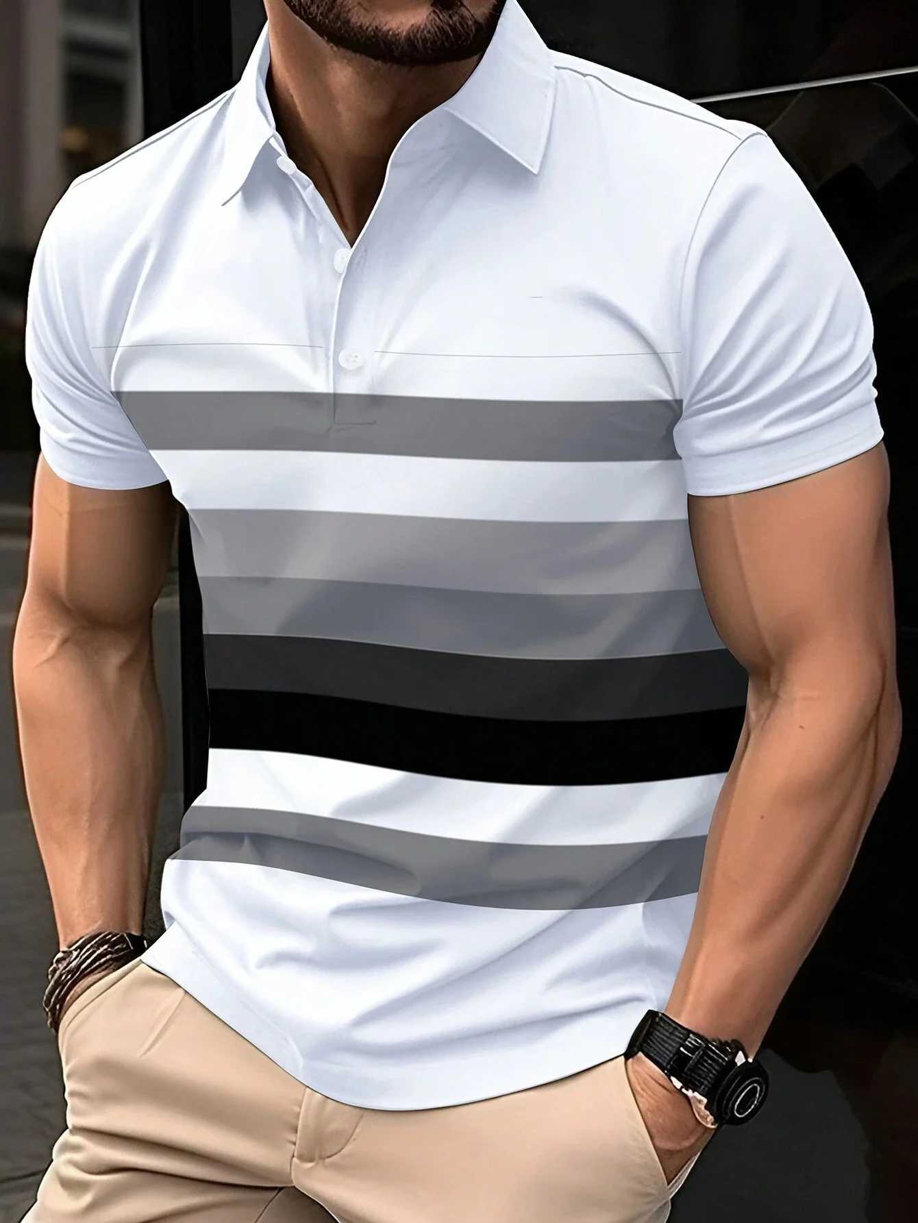 Summer Los Angeles Print Mens Short Sleeve Collar Tshirts Stripe shirt Shirt Breathable Loose Basic Splice Top Men Clothing X241228