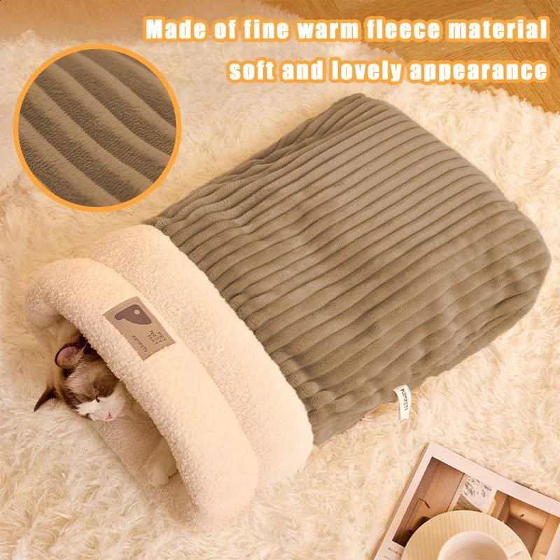 Pet Sleeping Bag Winter Warm Soft Plush Semi Enclosed Cat Nest Sleeping Bag Home Cat and Dog Comfortable Bed Accessories 241225