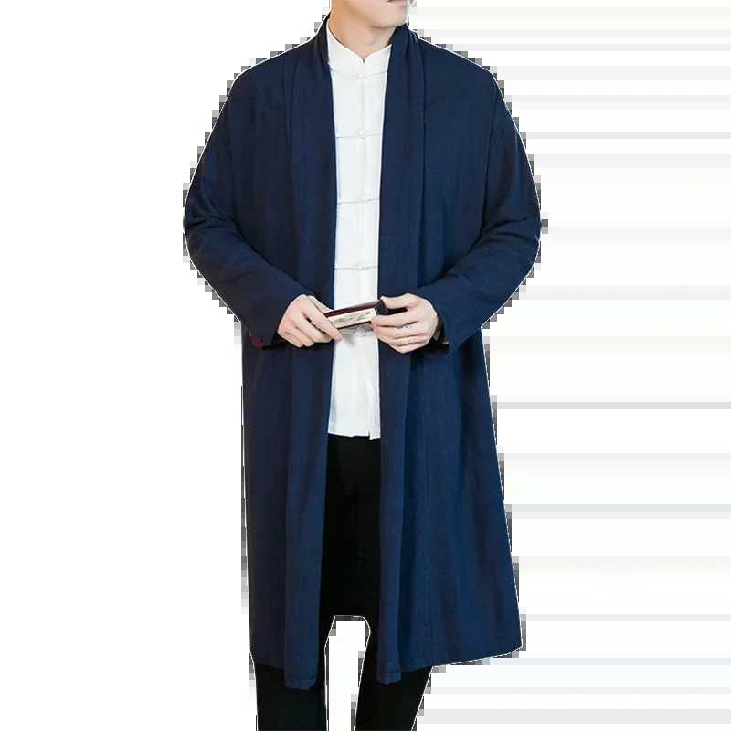 Chinese Style Mens Robe Cloak Loose Linen Cardigan Jacket Fashion Streetwear Solid Color Casual Loose Mid-length Trench Coat W241228