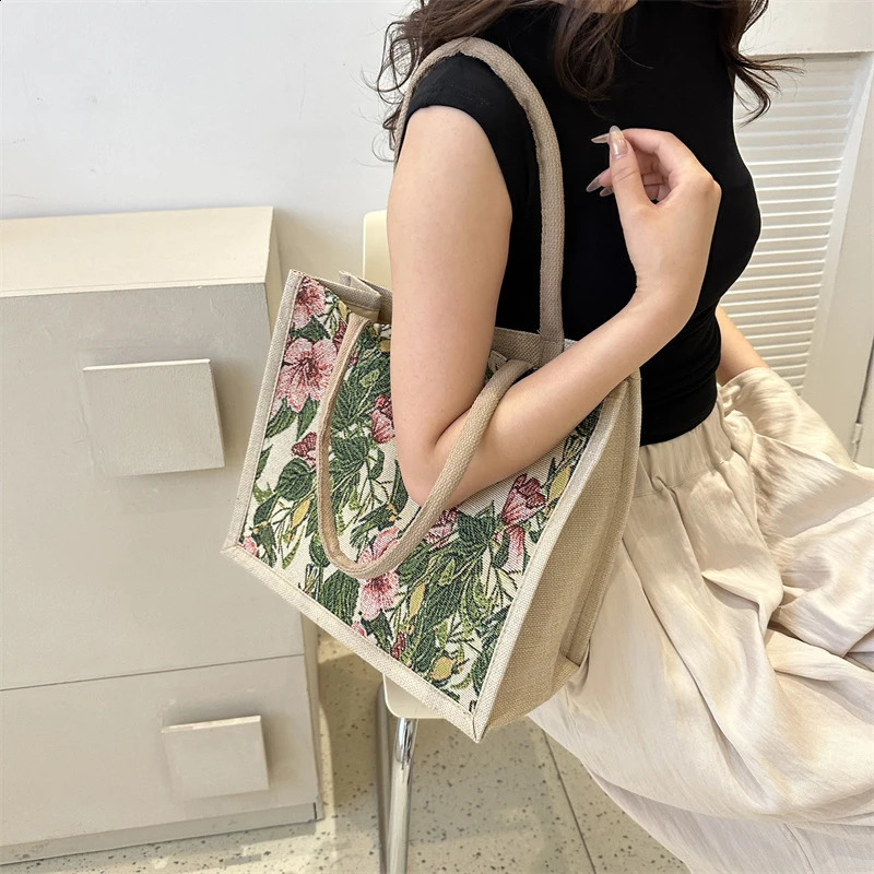 Linen Button Vintage Handbag Women Tote Large Capacity Grocery Bag Gift Bag Beach Organizer Portable Shopping Lunch Bag Retro 241227