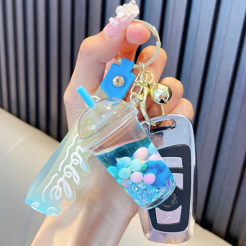 Cute Liquid Pearl Milk Tea Cup Key Chain Creative Quicksand Floating Jelly Bean Keyring Backpack Pendant Keychain Gift For Women 241224