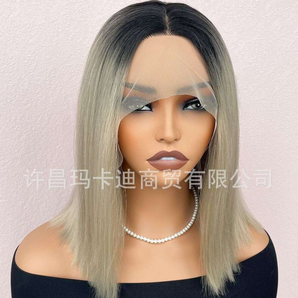 13 4 * 1T Front With Gradient Gold Shoulder Length Wavy Straight Hair, Synthetic High-Temperature Silk Lace Wig Kq2 Kq2