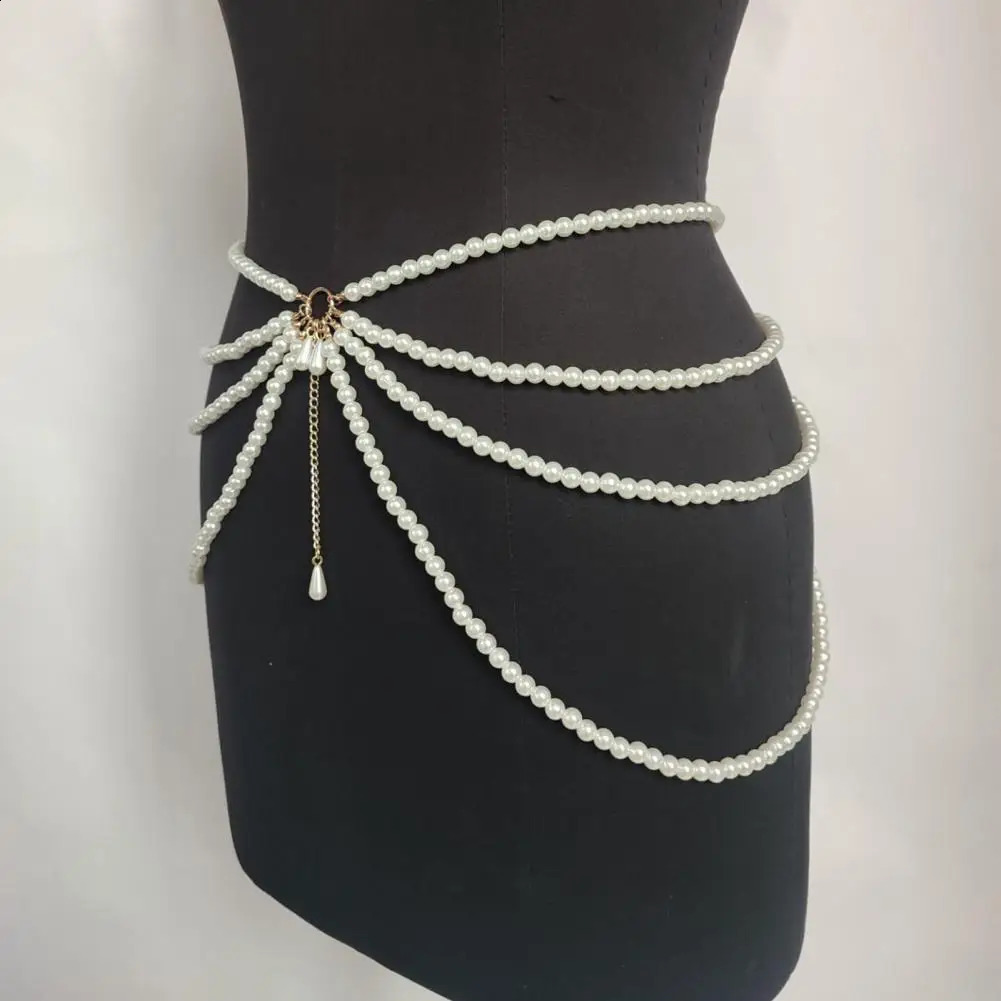 Womens Belly Chain Multi-Layer Waist Chain with Faux Pearl Decor Elegant Waistband for Dresses Skirts Belt Chain Body Jewelry 241227