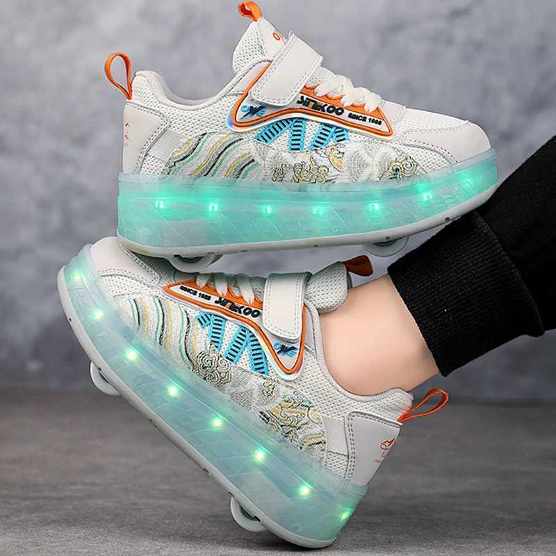Childrens casual shoes fashionable two wheeled walking shoes shock-absorbing USB charging breathable LED light shoes W241228