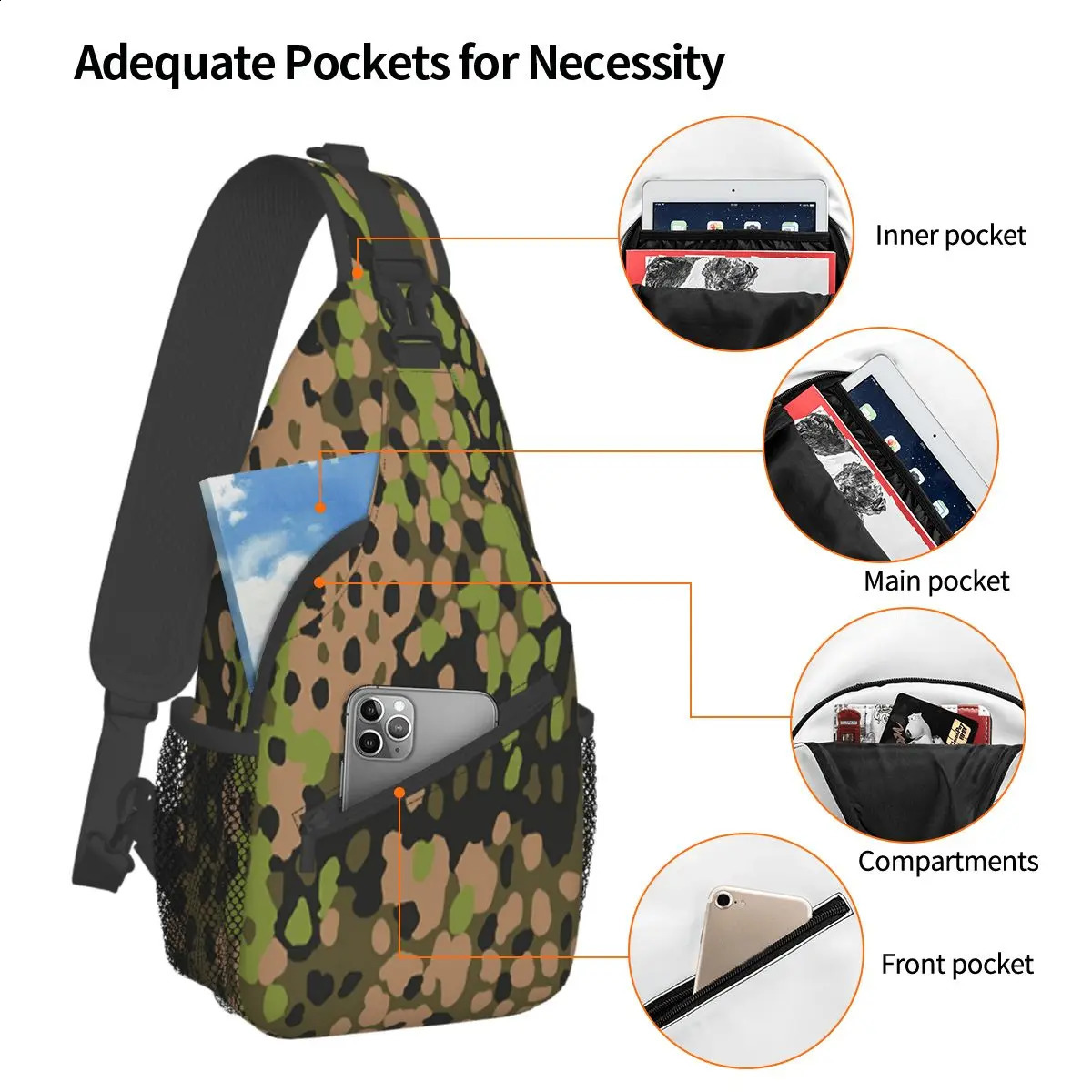 WW2 SS Erbsentarn Camouflage Crossbody Sling Bag SmallChest Bag Camo Army Shoulder Backpack Daypack for Travel Hiking Camping 241228
