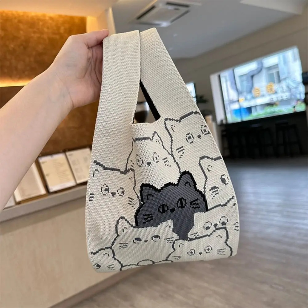 Cat Knit Handbag Casual Handmade Shopping Bags Highcapacity Knot Wrist Bag Girls 241227