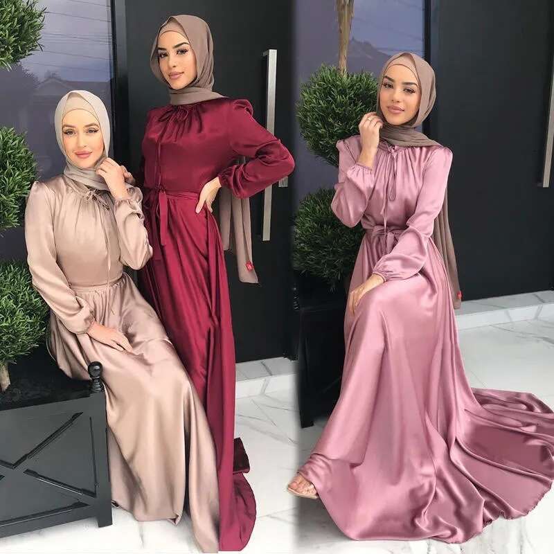 Women's Satin Maxi Dress With Belt, Muslim Abaya For Ramadan, Dubai Turkey Arabic African Islam Robes