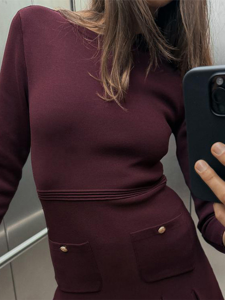 Casual Knitted Dress Women O-Neck Full Sleeves Buttons Pleated Mini Dresses Female 2025 Early Spring Fashion Knitting Lady Robes