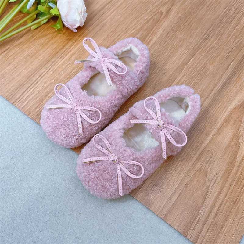 2024 Winter New Childrens Apartment Fashion Double Bow Knot Fur Cover Shoe Head Warm Childrens Casual Shoes Plush Warm Anti slip Mary Jane Shoes W2412