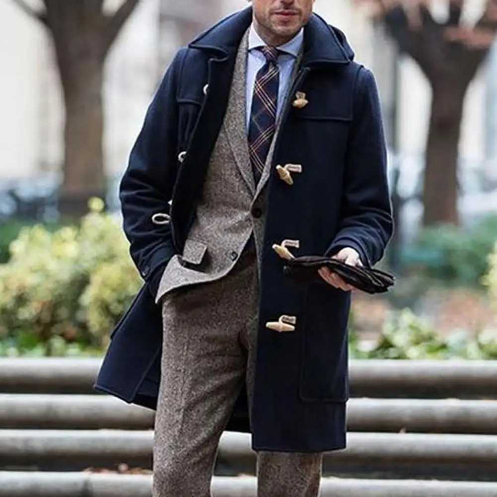 Men Jackets Coats Horn Button Solid Color Lapel Slim Mid-length Overcoat Autumn Winter Warm Trench Jackets for men jackets W241228