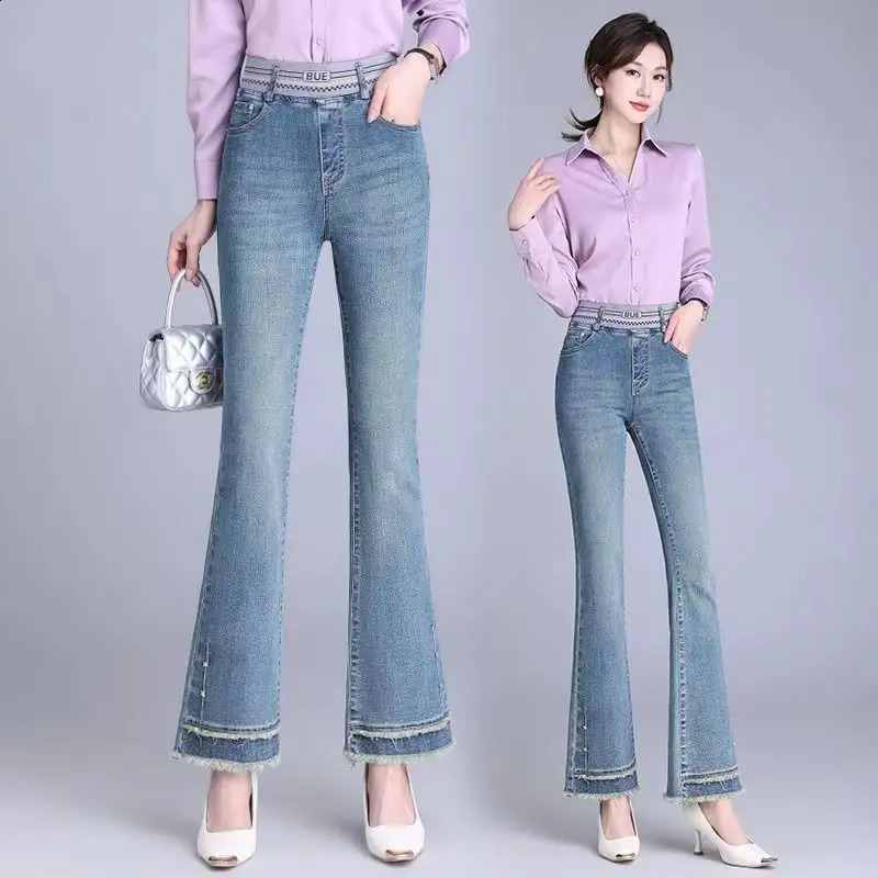 Womens Jeans Denim Flare Elastic Band High Waist Slim Flash Fashion Allmatch Comfortable Office Lady Washed Pants 241228