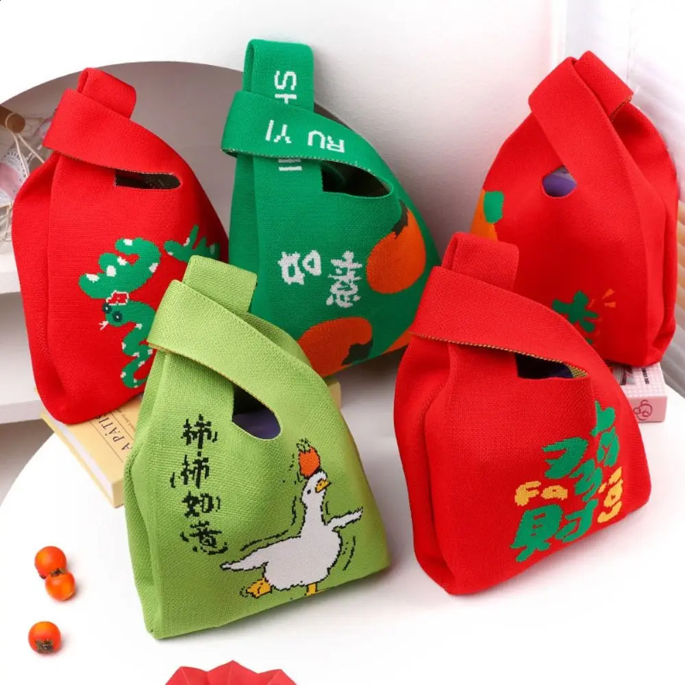 Cute Cartoon Knot Wrist Bag Year of The Snake Weave Tote Bag Handbag Purse Wool Bucket Bag Student 241227