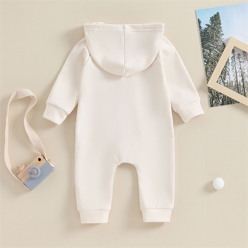 Lioraitiin 0-18M born Baby Boy Infant Romper Boho Long SlEEve Hooded Jumpsuit Outfits Solid Color Warm Sweatshirts 241226