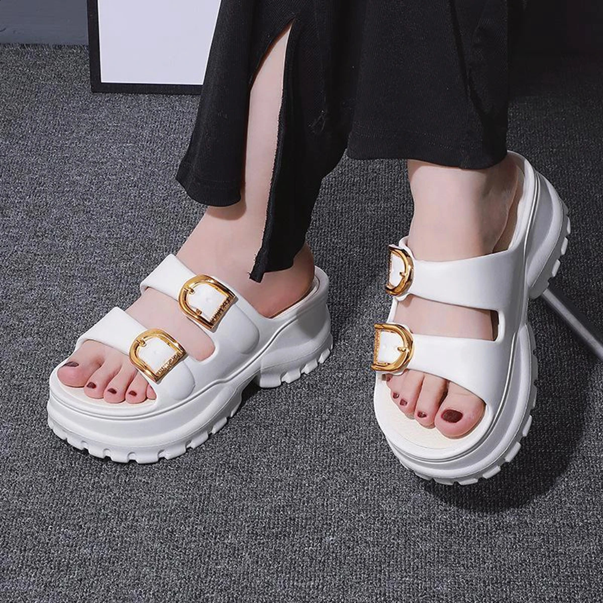Soft High Heel Slipper Shoes for Women Lady Button Slides Comfortable Summer Sandal Shoes for Women 241228