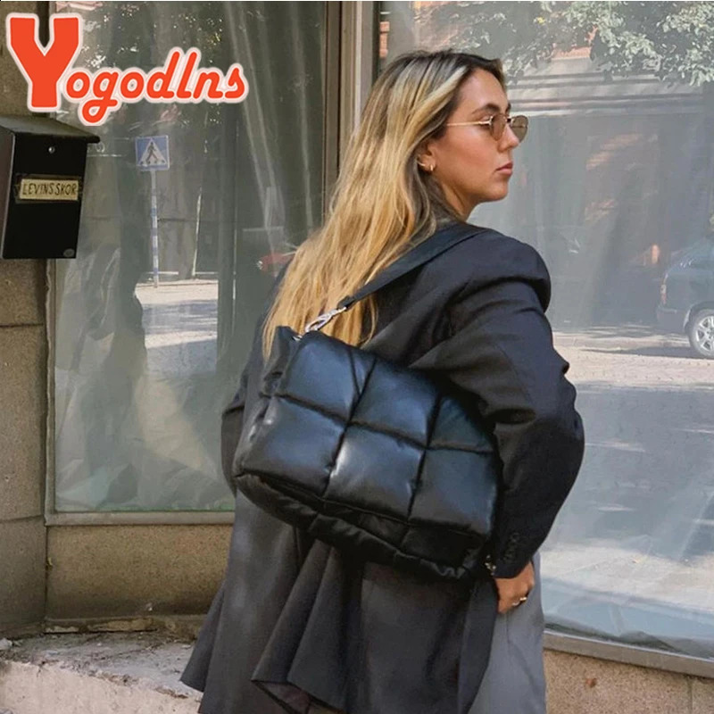 Yogodlns Winter Space Cotton Down Shoulder Bag Female Leather Flap Crossbody Bag Large Capacity Padded Messenger Handbag Bolsa 241227