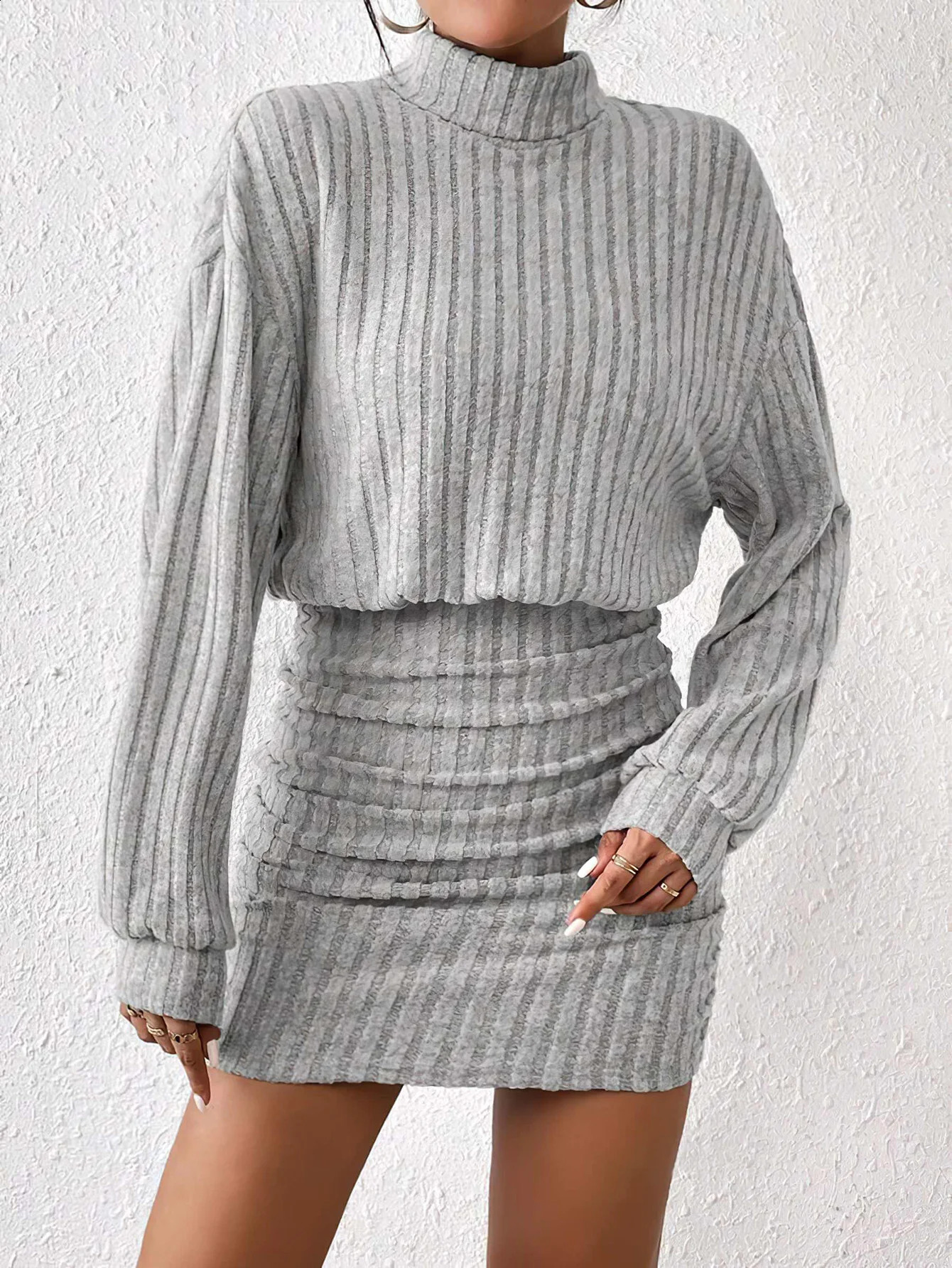 Womens Autumn Winter Fashion High Neck Knitted Sweater Dress Female Casual Solid Loose Long Sleeve Warm Mid Length Dresses 241228