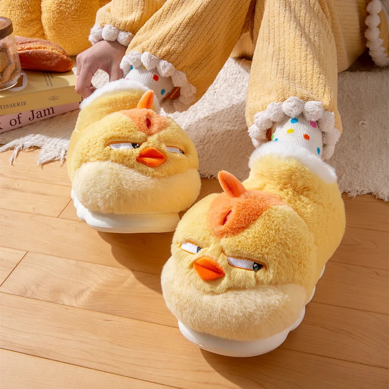 Cute Cartoon Indoor Slippers For Women Men Funny Yellow Chicken Winter Warm Fluffy Shoes Couples Home Floor Snoot Boots 241223