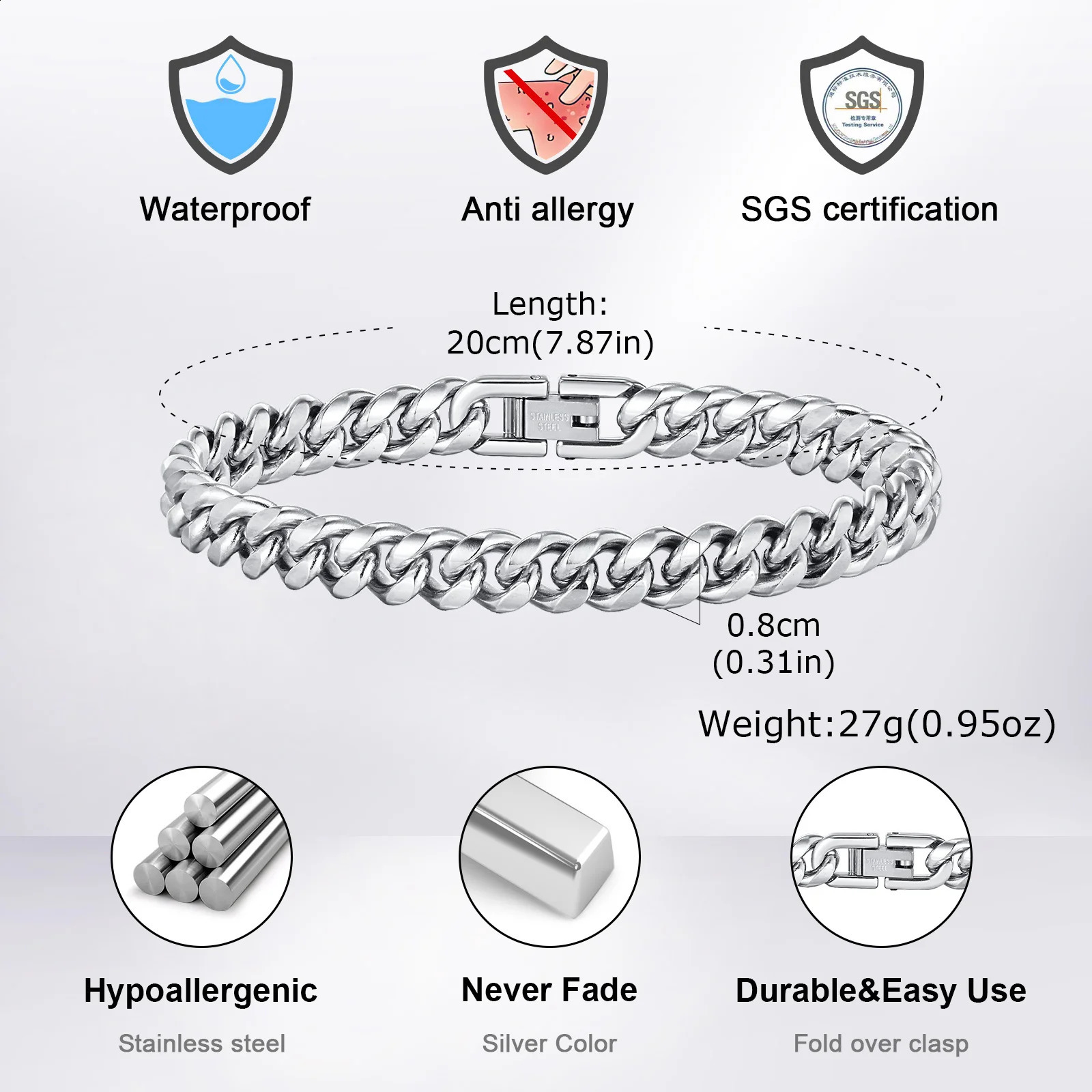 612MM Cuban Chain Mens BraceletWaterproof Stainless Steel Curb Link WristbandPunk Jewelry Gifts y241223