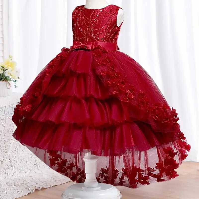 Girl's Dresses 2025 New Year Christmas Party Embroidered Sticker Tailcoat Flower Girl Birthday Party 3-12 Year Sequin Holy Feast Tailcoat Y250227