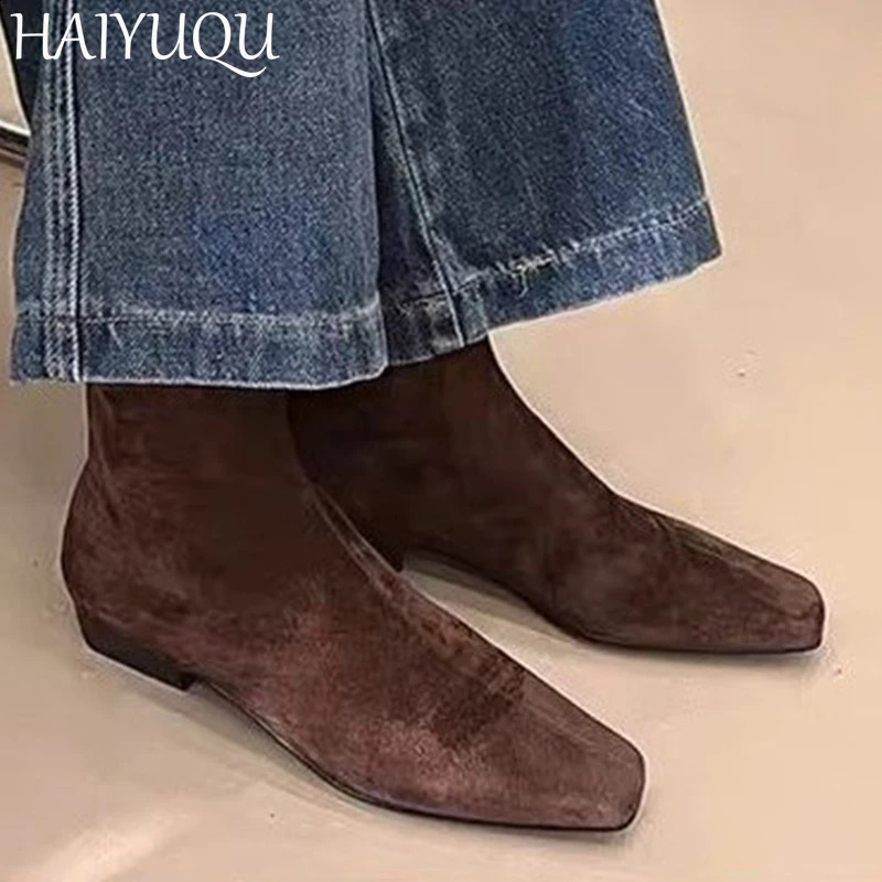 Women Suede Ankle Boots Flats Square Toe Fashion Shoes Woman Trend Chelsea Cozy Walking Warm Mujer Snow Botas 241223