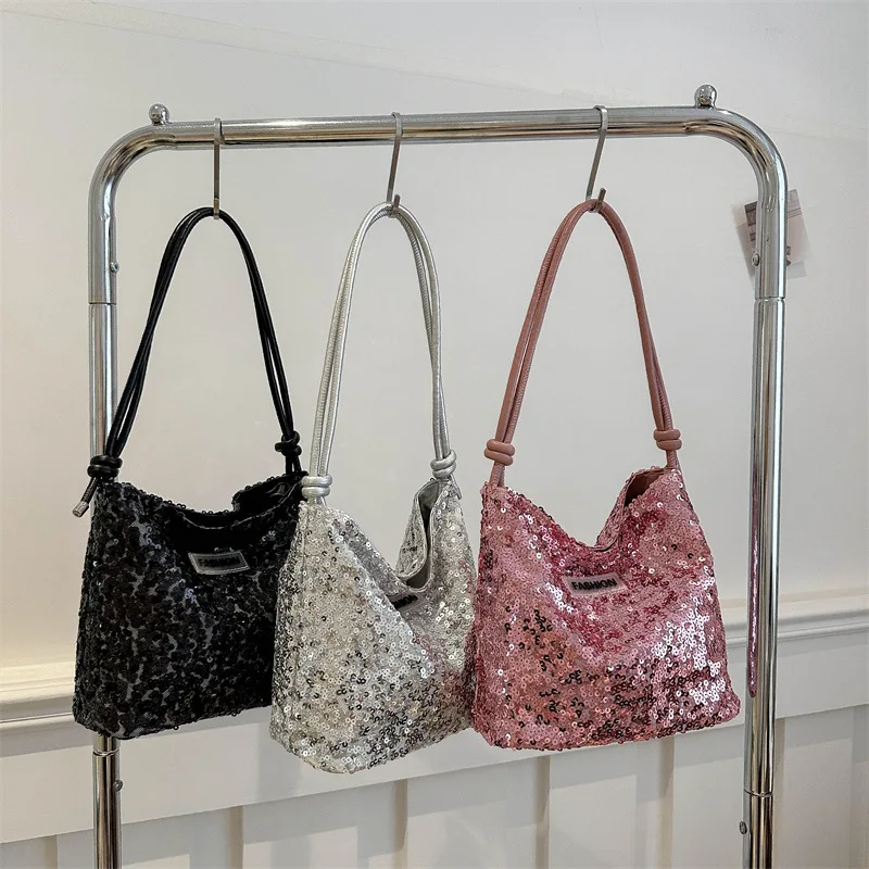 Fashion Shiny Sequins Bag Underarm Shoulder Bag for Women TLXT PU Leather Bling Small Bucket Messenger Bag Fashion Designer Shopping Silver Handbags