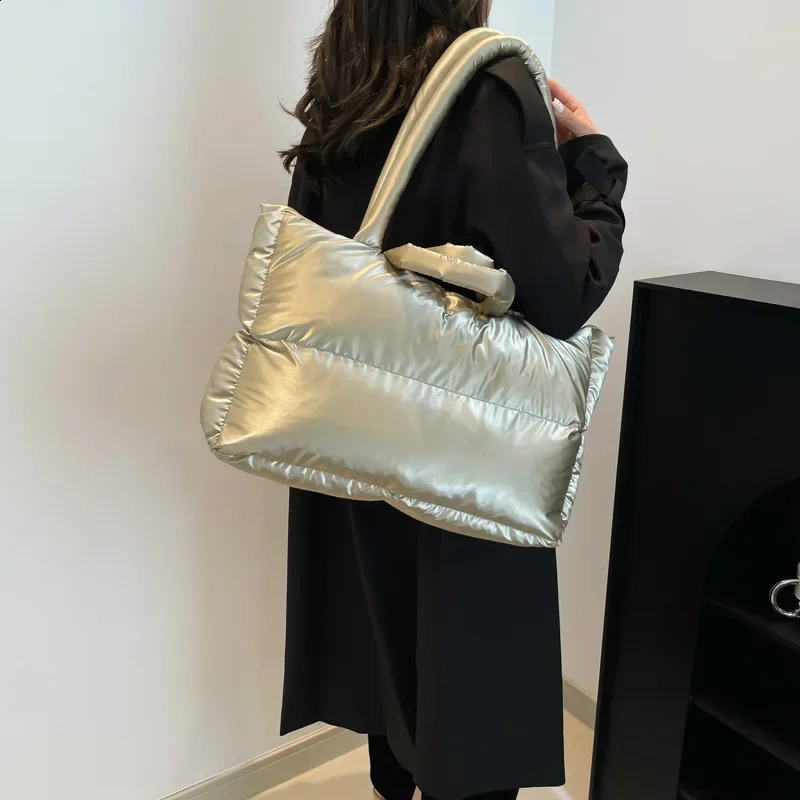 Winter Nylon Quilted Tote Bags for Women Puffy Space Cotton Shoulder Bag Autumn Warm Down Padded Handbag Shopper Purses 241227