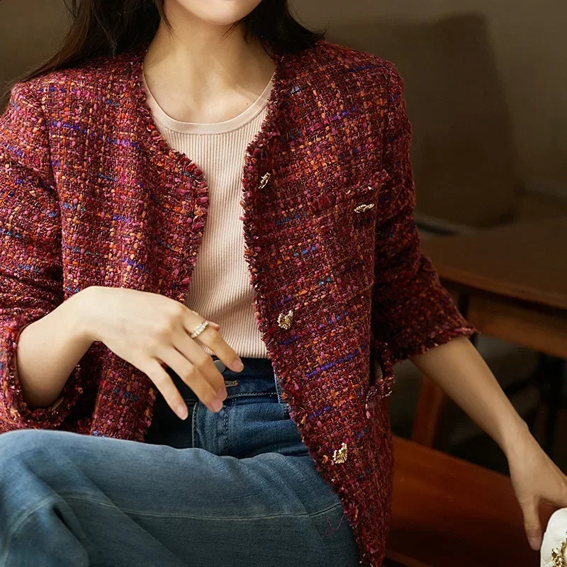 Autumn Women Wine Red Tweed Wool Jacket High-end Red Tweed Short Coat Spring and Autumn Coat Tweed Womens Tweed Coat 241224