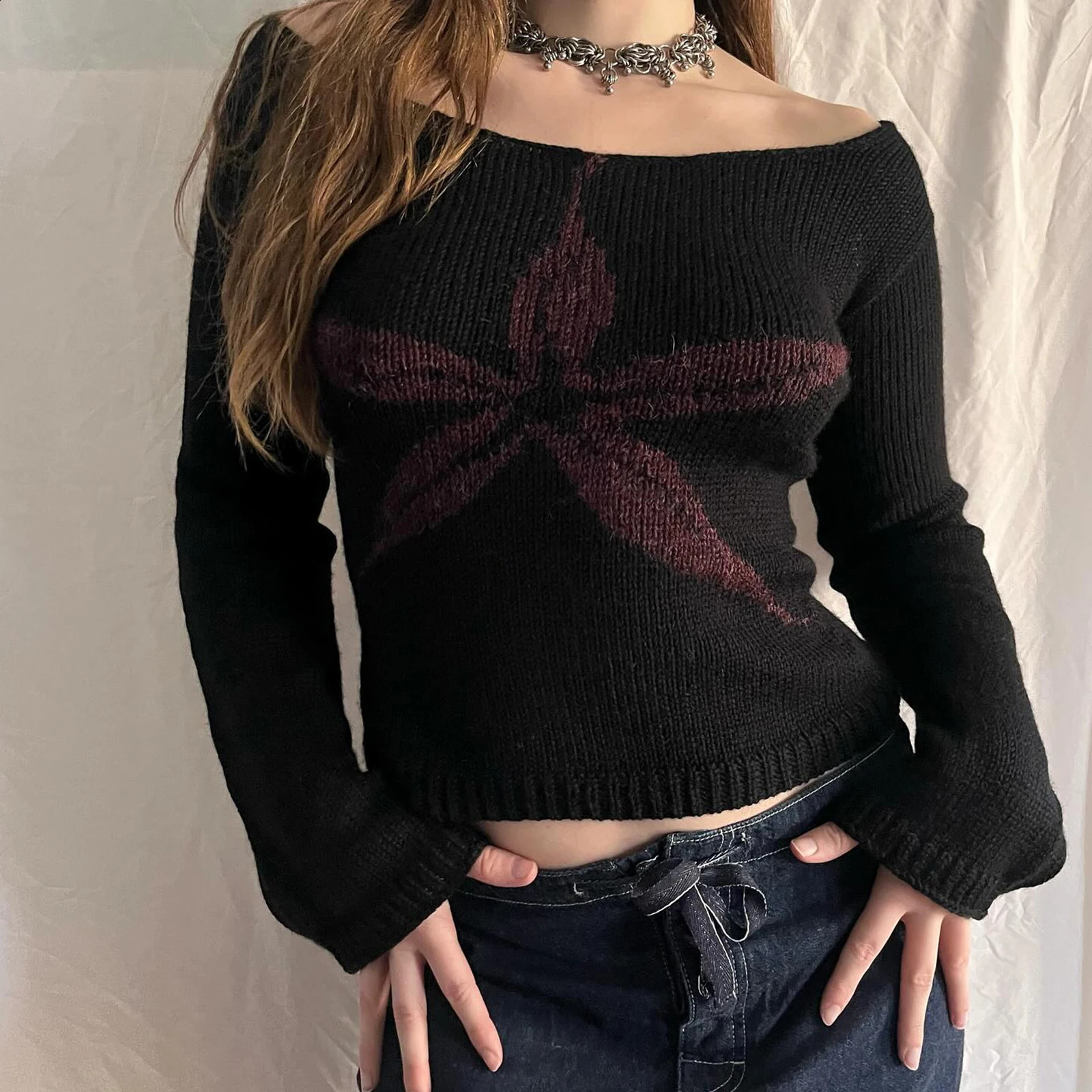 Gaono Women Y2k Off The Shoulder Sweater Vintage Bow Graphic Fitted Pullover Tops Cute Fall Knit Tops Vintage Streetwear 241220