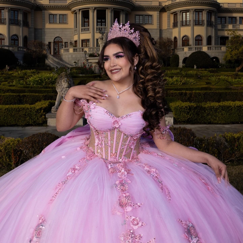 Pink Shiny Quinceanera Dresses Ball Gown Off Shoulder Applique Lace Beads Tull Tiered Sweet 16 Dress Vestidos De 15 Anos