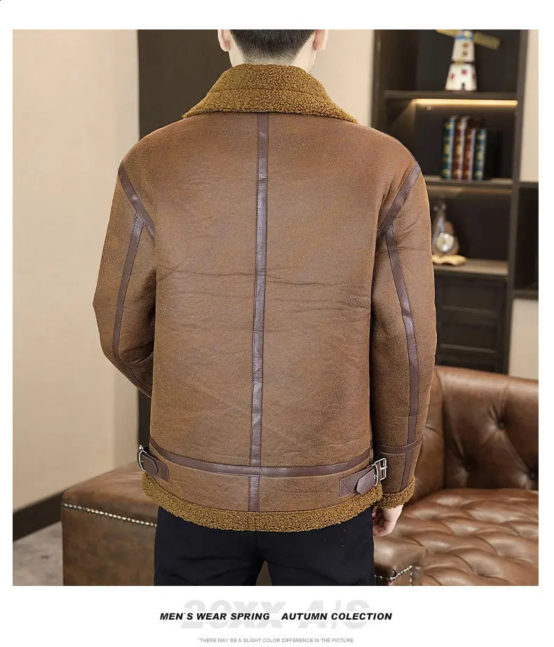 High Quality Male Winter PU Leather Coats Overcoat Jackets Thick Warm Wool Fleece Fur Collar Men Jacket Coat 241220