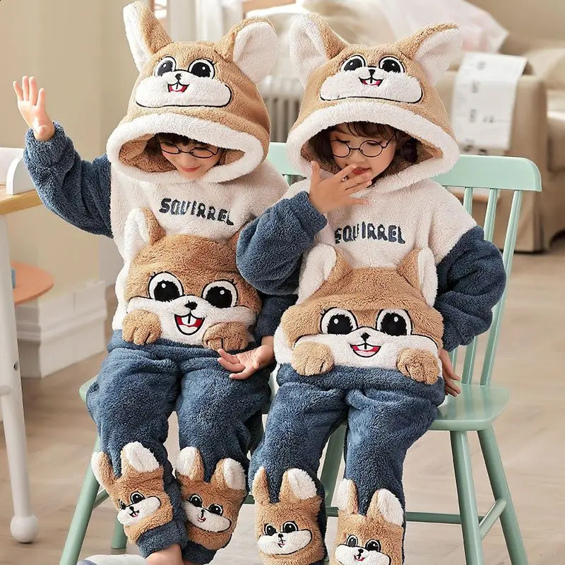 Winter Shark Pajamas Sets for Children Flannel Warm Hooded Sleepwear Boys Thicken Homewear Girls Night Suit Animal Pyjamas Kids 241226