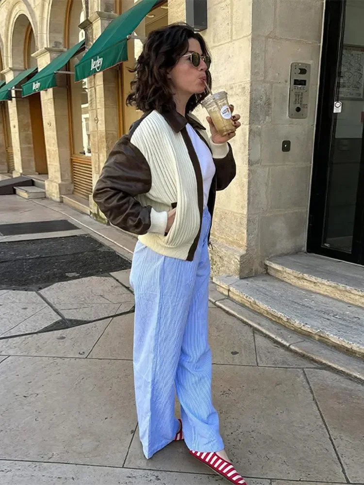 Women Casual Zipper Contrasting Leather Coat Fashion Lapel Long Sleeves Loose Jacket Autumn 2024 chic Office High Streetwear 241224