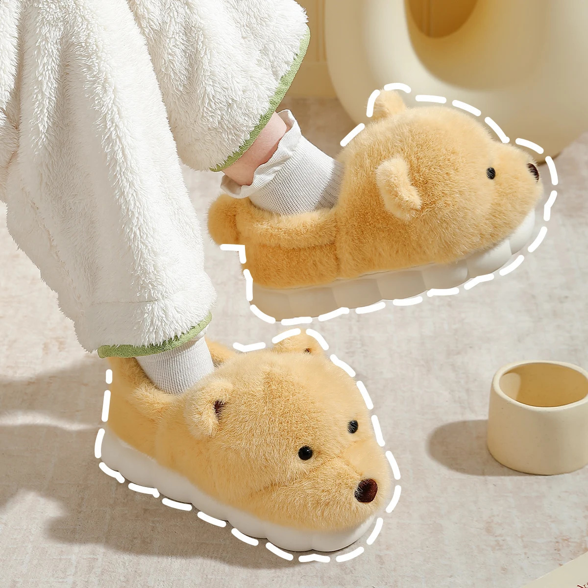 QYCKABY Cute Indoor Home Slippers Women Men Warm Soft Plush Nonslip Fur Dog Lovers Shoes 241223
