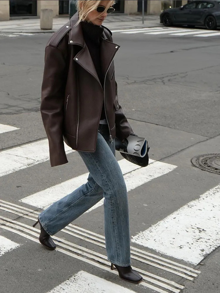 Vintage PU Leather Women Jacket Lapel Full Sleeves Zippers Female Coat Autumn Winter Solid Minimalism Loose Lady Outwear 241228