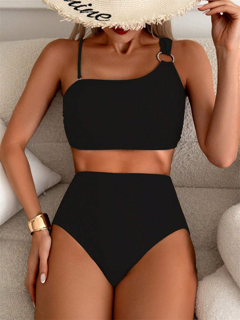 Retro High Waist Bikini Women Rhinestone Torus Decor One Shoulder Swimwear Ladies Vintage Bikinis Set Black Two Piece Swimsuit Beach Bather Bathing Su