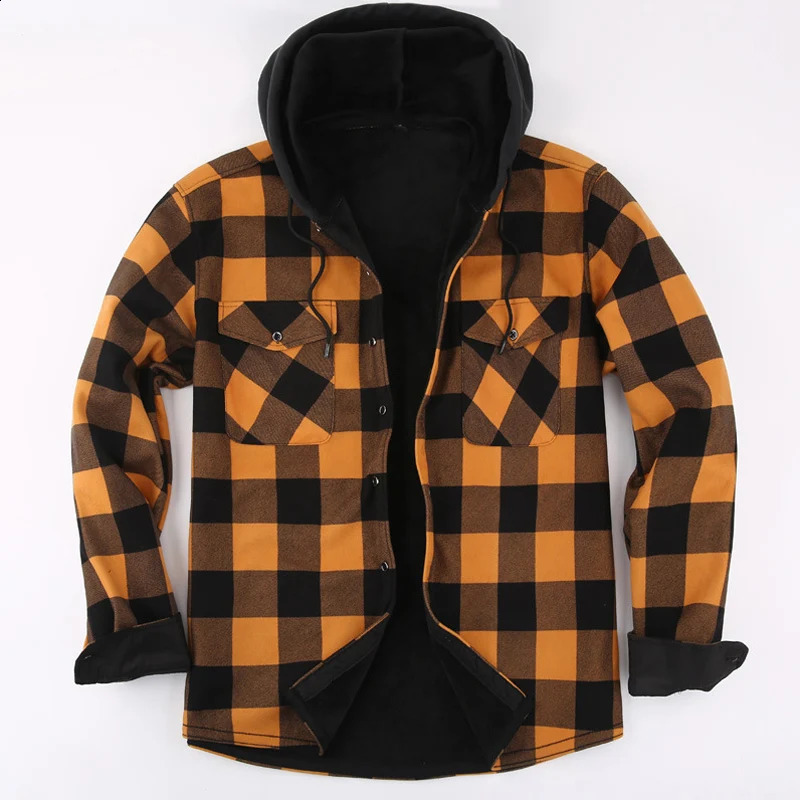 Autumn And Winter Mens Flannel Warm Long Sleeve Shirts Casual Fashion Comfortable Plaid Shirt With a Hood Male Clothes 241223
