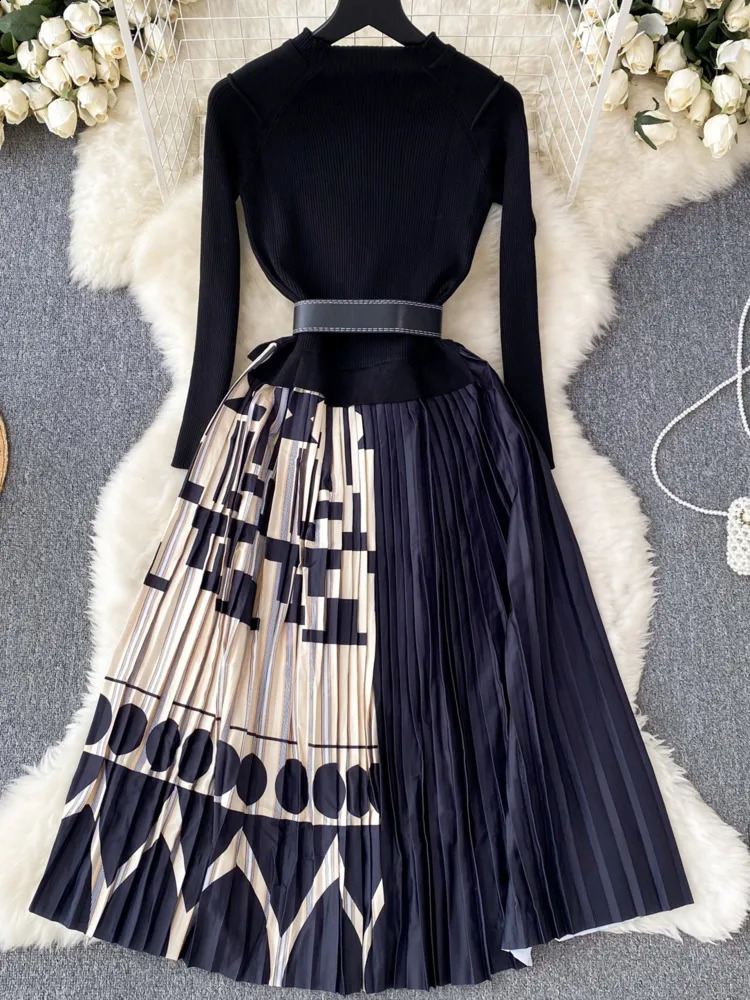 XFPV Women Light High Waist Print Patchwork Belt Aline Dresses Stand Collar Knit Vestidos Spring Summer 2025 SM10681 241228