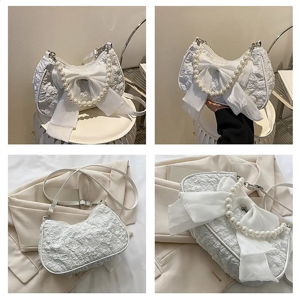 Butterfly Ribbon Shoulder Bag Fashion PU Leather Large Capacity Underarm Bag Pearls Crossbody Bag Women Girls 241223