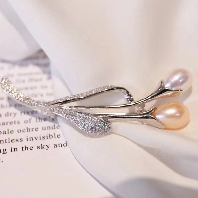 Natural Fresh Water Pearl Brooch Flower Style Simple 925Sterling Silver With Cubic Zircon 241227