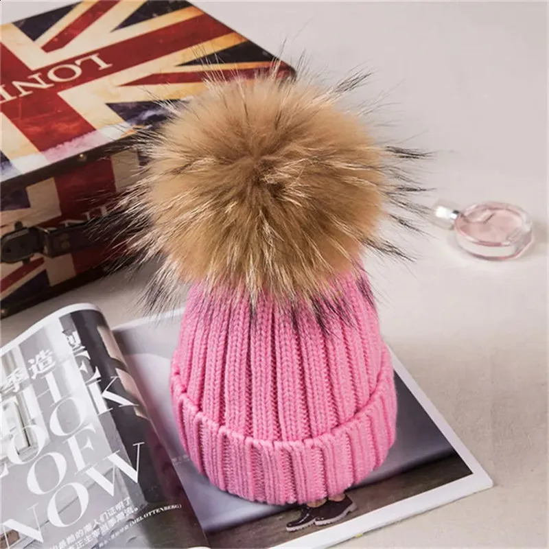 Winter Female Real Raccoon Fur Pom Poms Hat For Boys Girl Hat Knitted Cap Thick Women Skullies Beanies 241227