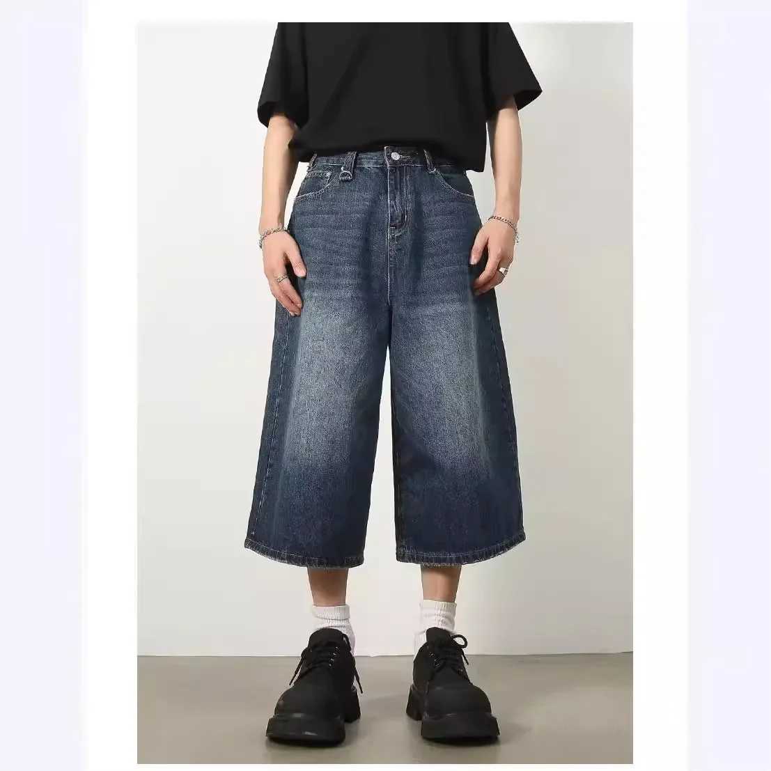 Mens summer solid color trend dark blue denim 7-piece loose fit wide leg straight leg shorts W241228