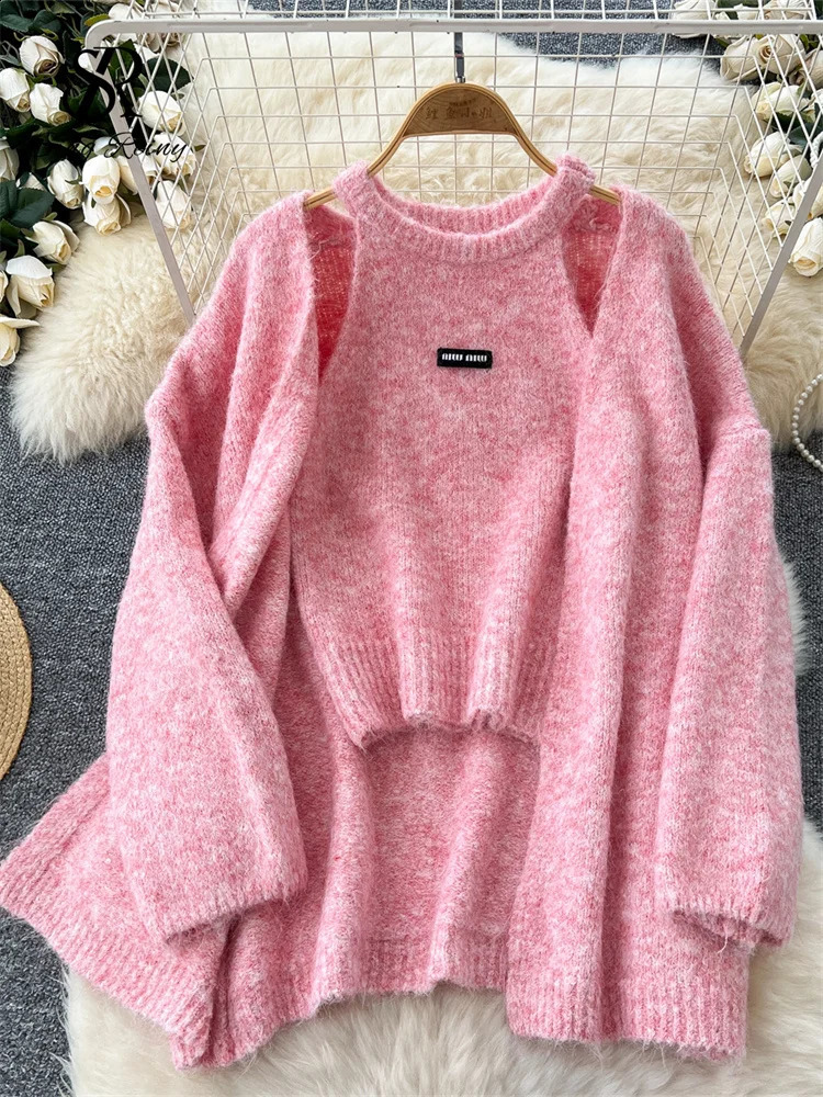 SINGREINY Fashion Solid Cashmere Sweater Long Sleeves Loose Warm CardiganSleeveless Knitting Tank Top Winter Gentle Casual Tops 241224